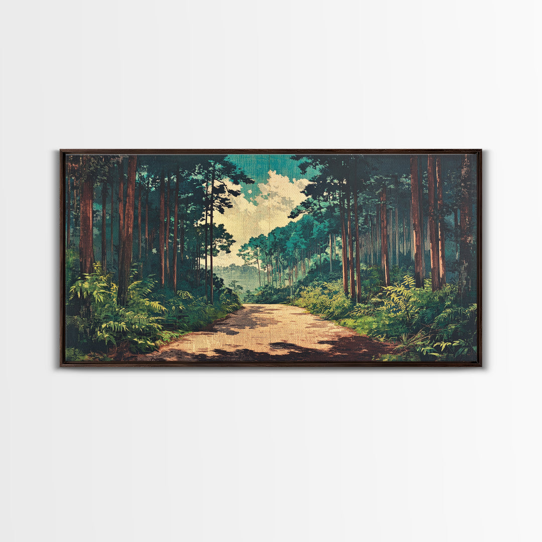 Sunlit Pine Forest Path Canvas Print, Nature Wall Art, Forest Wall Decor, Japandi Wall Art For Entryway And Office Decor