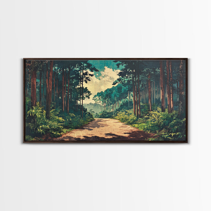 Sunlit Pine Forest Path Canvas Print, Nature Wall Art, Forest Wall Decor, Japandi Wall Art For Entryway And Office Decor