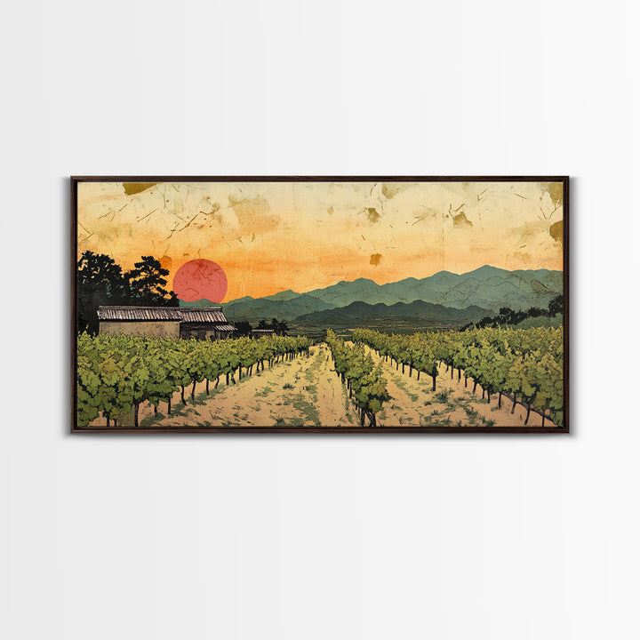 Sunset Vineyard Rows And Mountains Canvas Print, Winery Wall Art, Wine Country Decor, Rustic Landscape Art For Dining Room