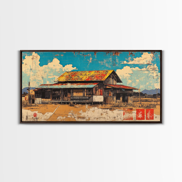 Rustic Weathered Barn Under Blue Sky Framed Canvas Print, Farmhouse Wall Art, Country Landscape, Warm Rural Home Decor Print