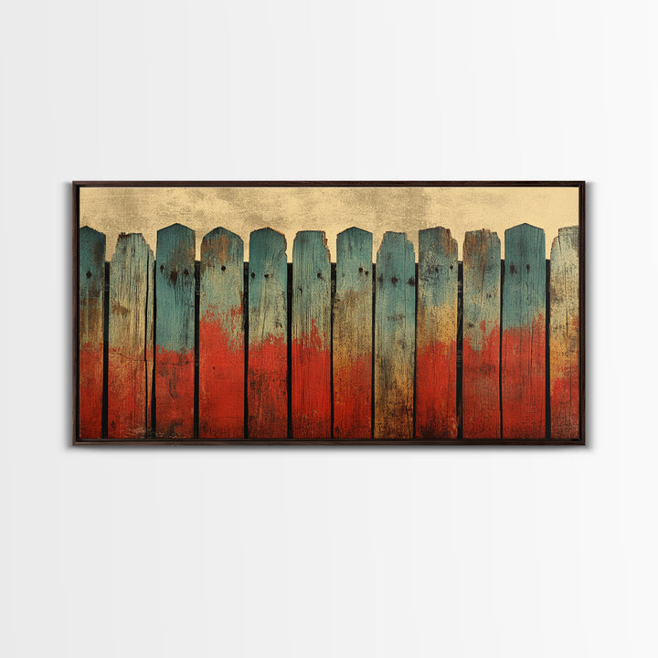 Weathered Teal And Red Wood Fence Canvas Print, Rustic Wall Art, Abstract Farmhouse Decor, Bold Country Wall Decor, Home Decor