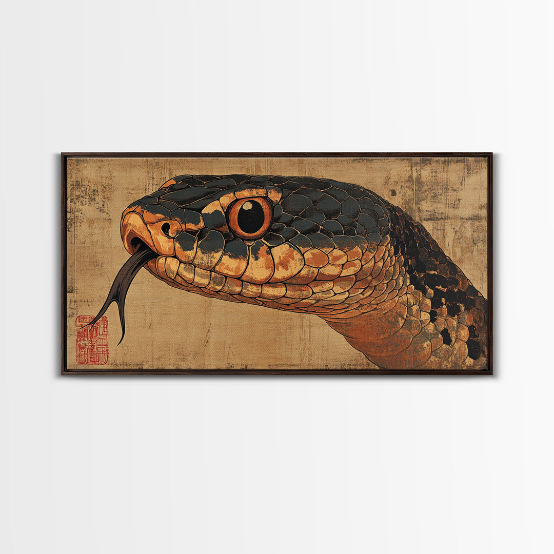 Black And Copper Snake Portrait Framed Canvas Print, Reptile Wall Art, Dark Animal Art, Gothic Nature Home Decor, Gift For Him