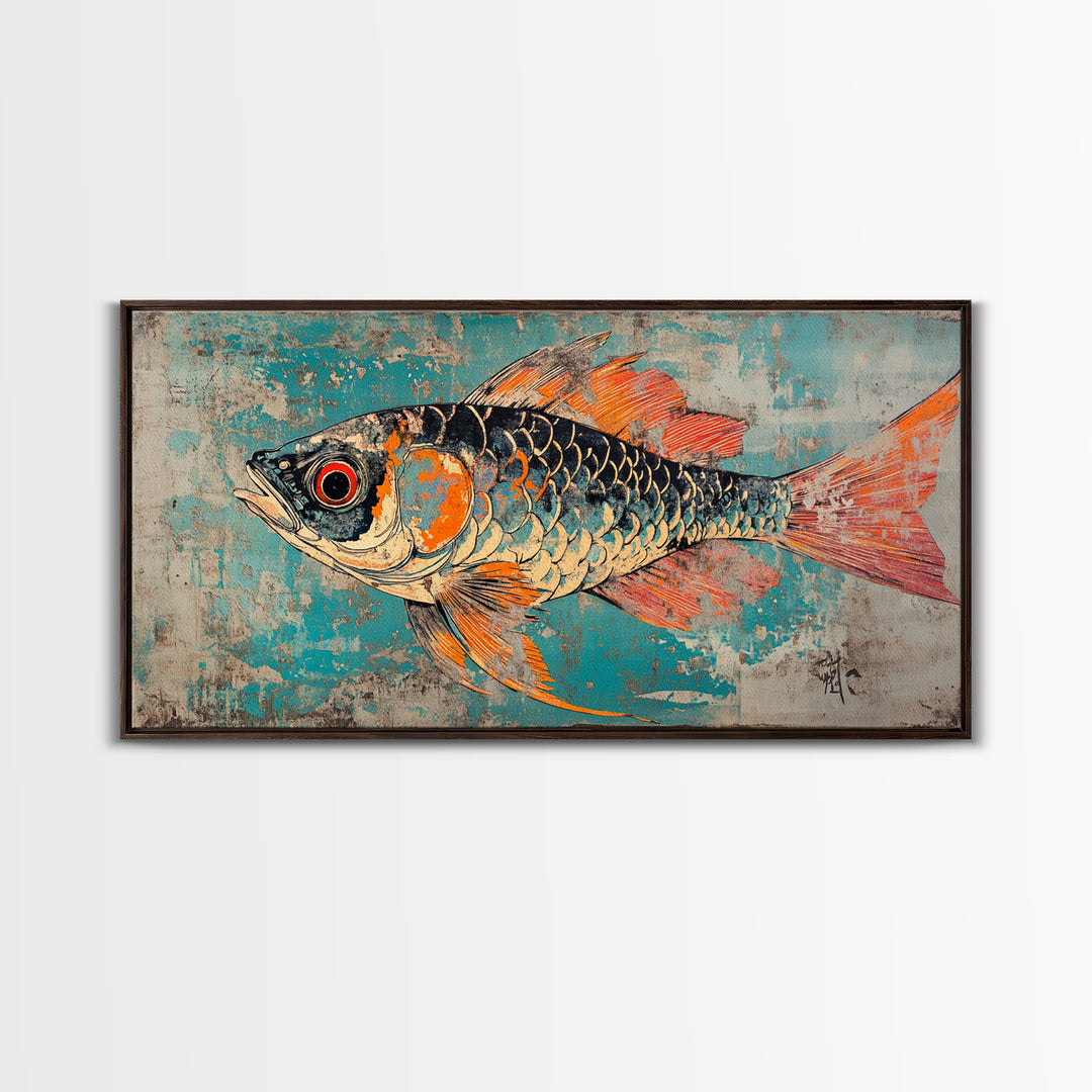 Orange And Teal Koi Fish Canvas Print, Japanese Wall Art, Coastal Animal Art, Vibrant Ocean Decor, Marine Life Print, Gift