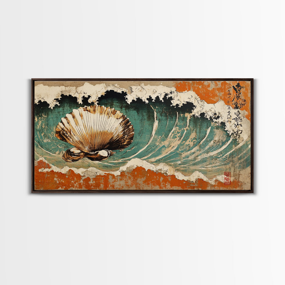 Scallop Shell In Crashing Wave Canvas Print, Japanese Coastal Wall Art, Nautical Ocean Decor, Seashell Art Print, Beach House Decor