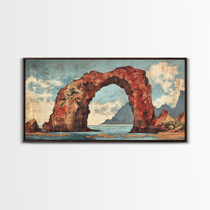 Red Coastal Rock Arch Over Blue Sea Framed Canvas Print, Seascape Wall Art, Ocean Landscape, Beach House Decor, Coastal Decor