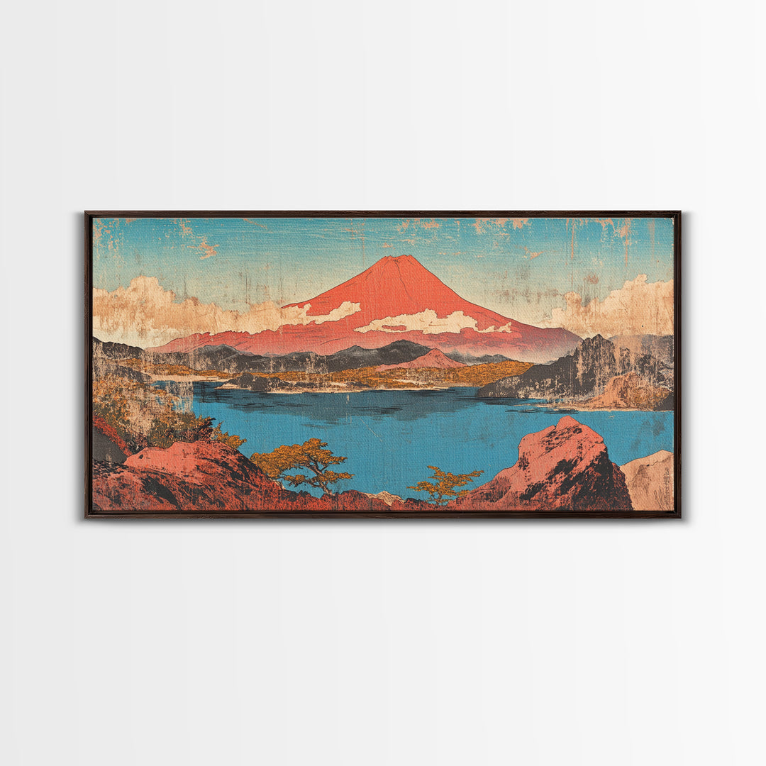 Red Mount Fuji Over Lake Framed Canvas Print, Japanese Wall Art, Landscape Art, Japandi Decor, Nature Wall Art, Home Decor