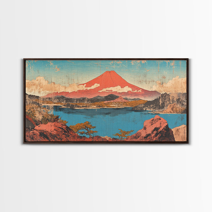 Red Mount Fuji Over Lake Framed Canvas Print, Japanese Wall Art, Landscape Art, Japandi Decor, Nature Wall Art, Home Decor