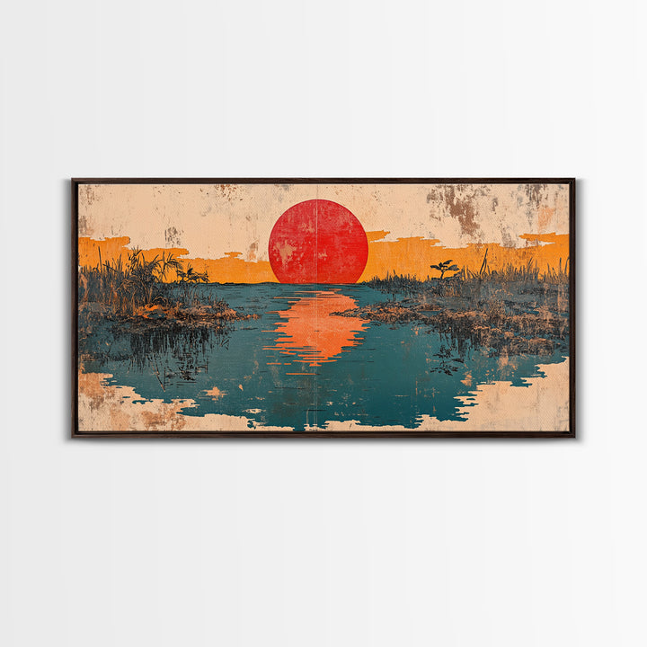Red Sun Reflected In Marsh Water Canvas Print, Japanese Wall Art, Abstract Landscape, Zen Home Decor, Sunrise Wall Art, Japandi Decor