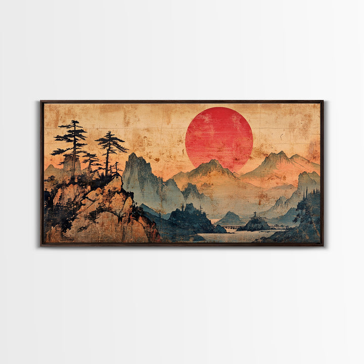 Red Sun Mountain Pines Wall Art, Japanese Landscape Canvas Print, Japandi Zen Home Decor, Asian Inspired Living Room Art