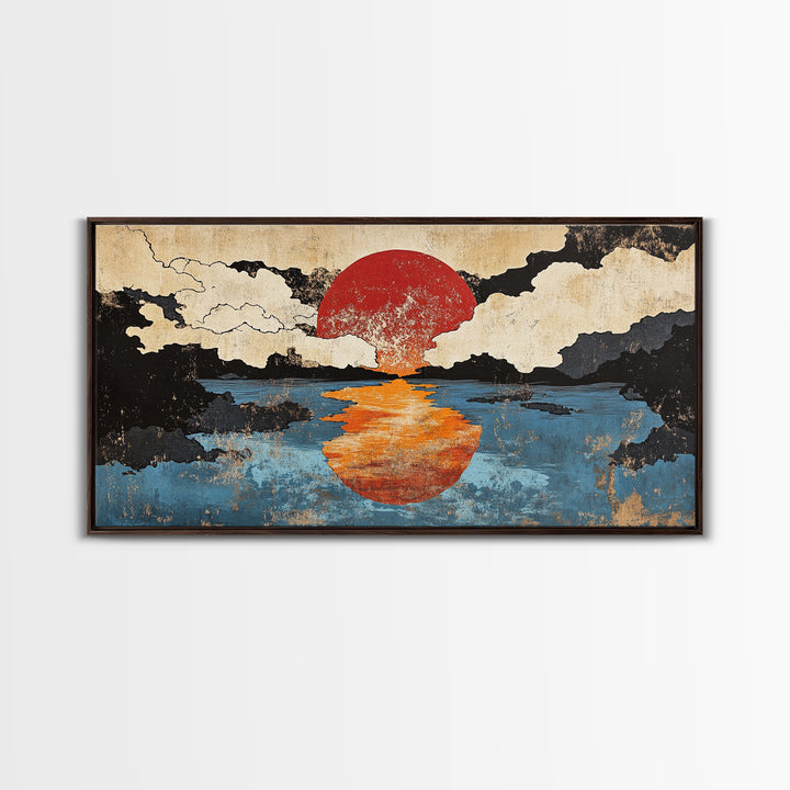 Orange Sun Reflection Seascape Wall Art, Japanese Ocean Canvas Print, Moody Coastal Wall Decor, Abstract Sunset Art Print