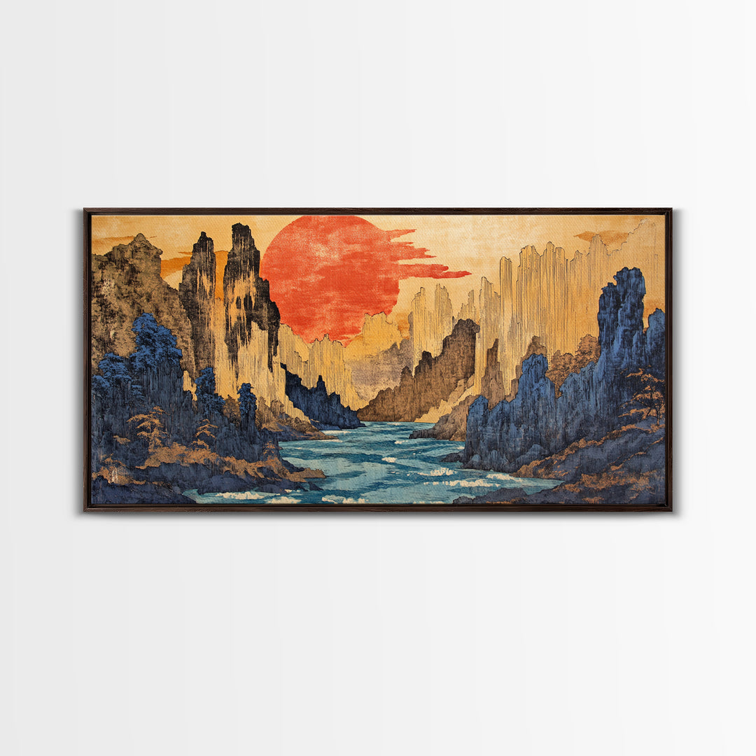 Red Sun Canyon River Wall Art, Japanese Landscape Canvas Print, Modern Japandi Decor, Dramatic Mountain Living Room Art Print