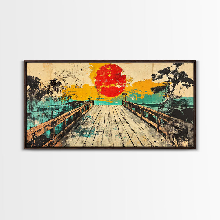 Sunset Pier Lake Wall Art, Japanese Landscape Canvas Print, Turquoise Coastal Decor, Retro Travel Poster For Living Room