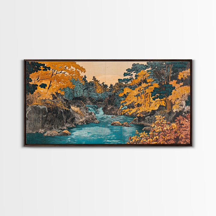 Autumn River Waterfall Wall Art, Japanese Landscape Canvas Print, Gold Forest Home Decor, Cozy Living Room Wall Art Print