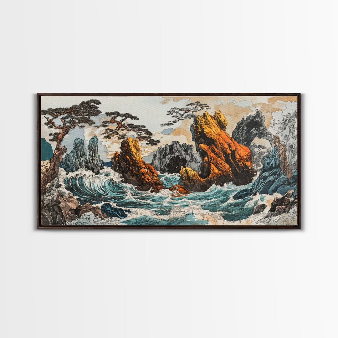 Dramatic Rocky Ocean Waves Framed Canvas Print, Japanese Seascape Wall Art, Coastal Landscape, Nautical Living Room Decor