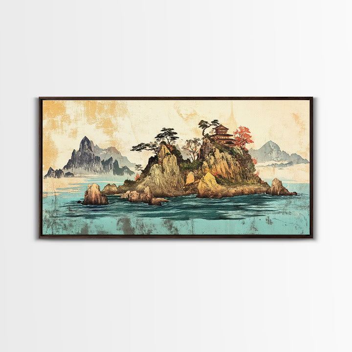 Island Pagoda And Mountain Sea Framed Canvas Print, Japanese Wall Art, Coastal Landscape, Zen Home Decor For Living Room