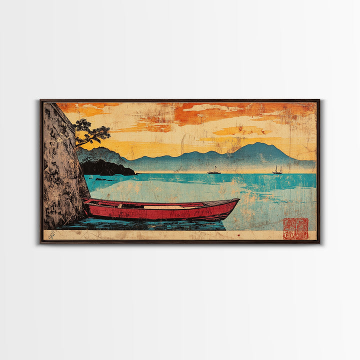 Red Boat On Turquoise Lake Framed Canvas Print, Japanese Landscape Wall Art, Orange Sunset Decor, Coastal Living Room Art