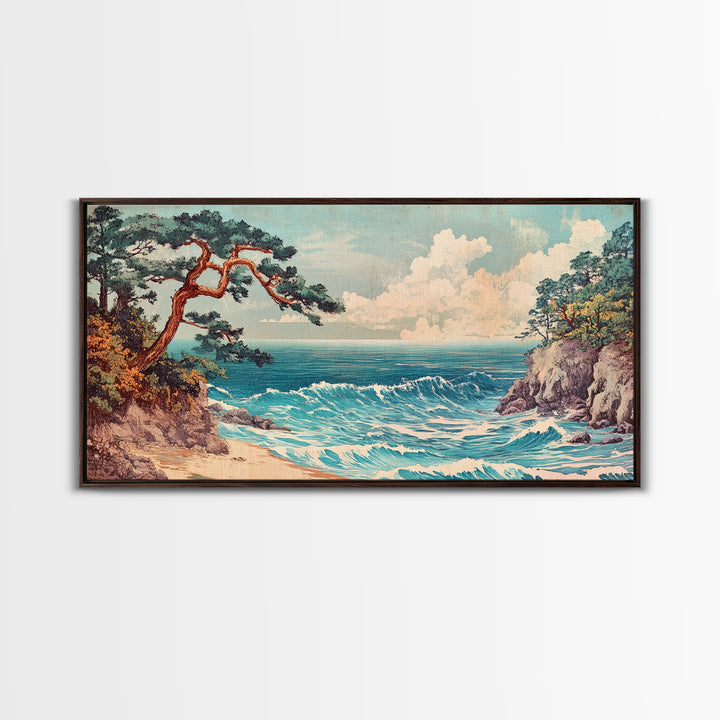 Pine Tree Coastal Cove Canvas Print, Japanese Seascape Wall Art, Ocean Waves, Beach House Decor, Calming Living Room Art