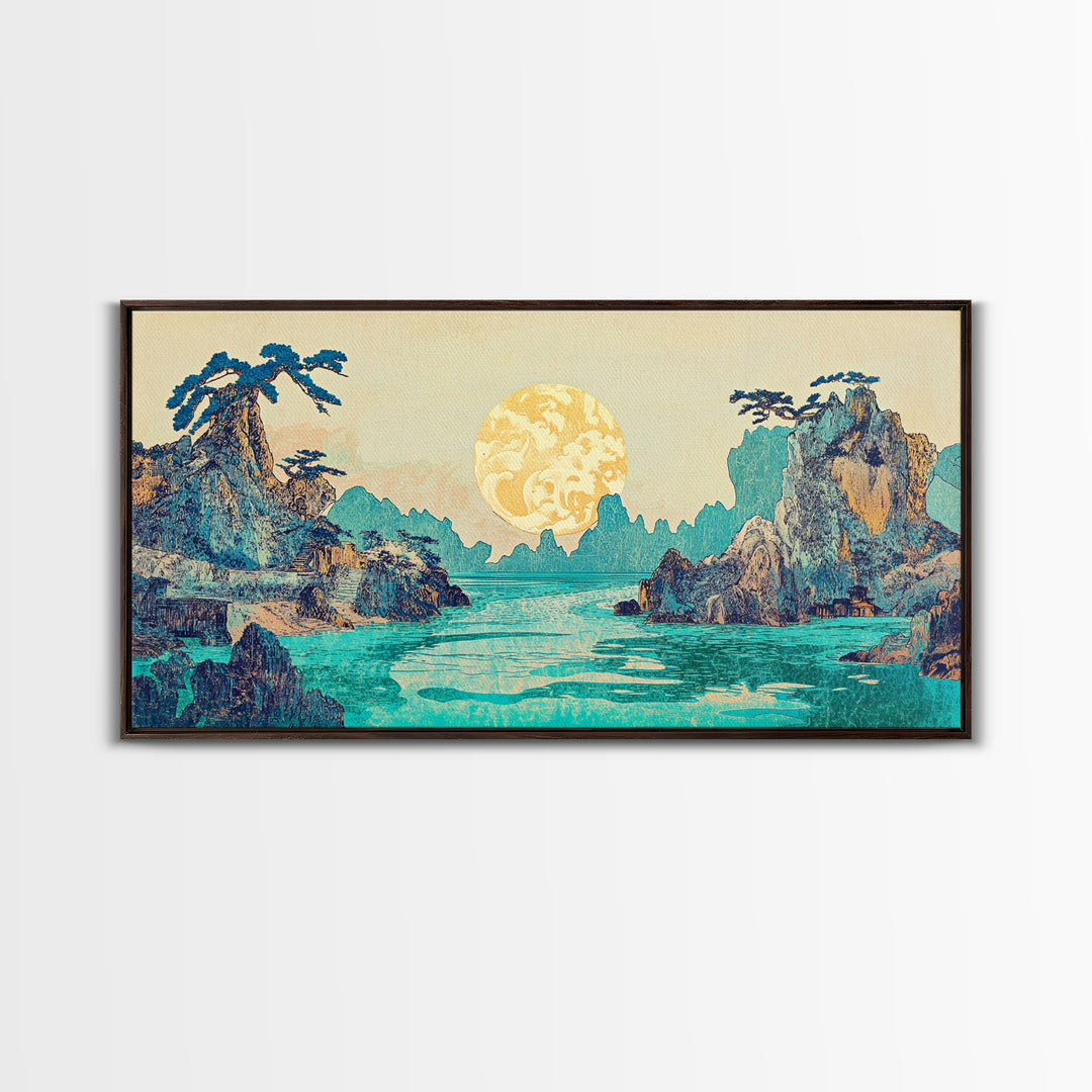 Golden Moon Tropical Seascape Framed Canvas Print, Japanese Wall Art, Coastal Landscape, Celestial Ocean Living Room Decor