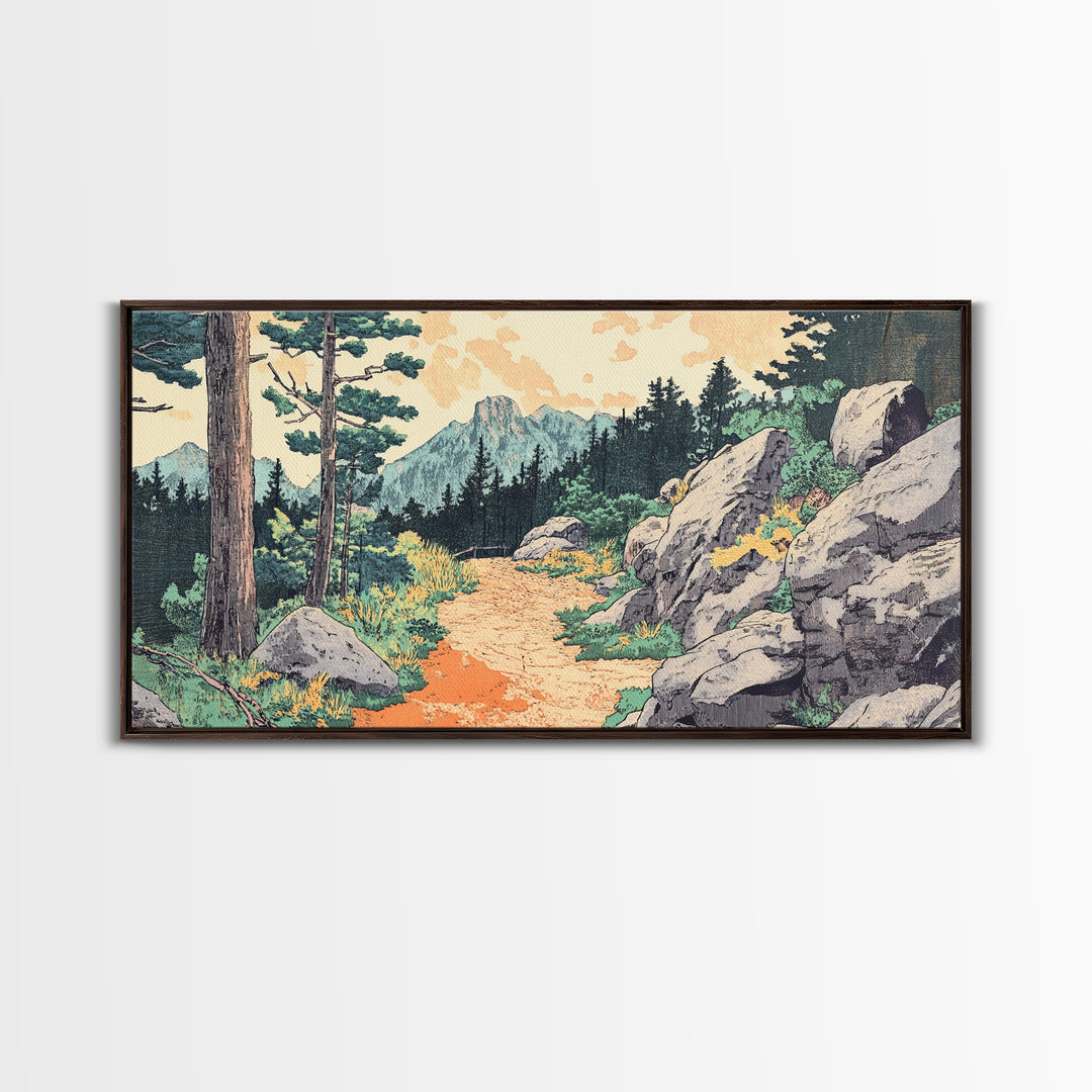 Mountain Forest Trail Framed Canvas Print, Japanese Landscape Wall Art, Pine Tree Nature Decor, Rustic Living Room Art Print