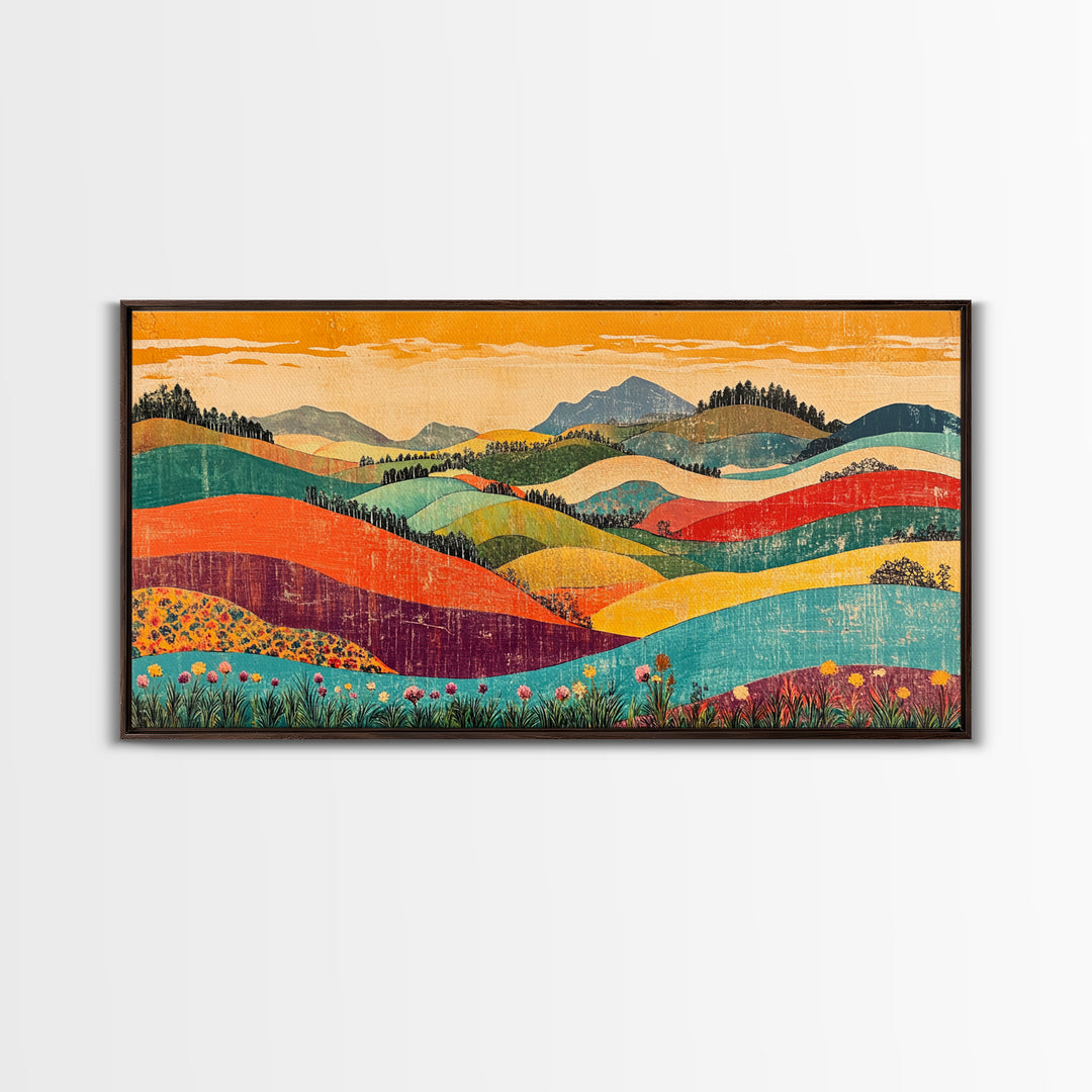 Colorful Rolling Hills And Wildflower Valley Wall Art, Modern Landscape Art Print, Boho Living Room Decor, Housewarming Gift