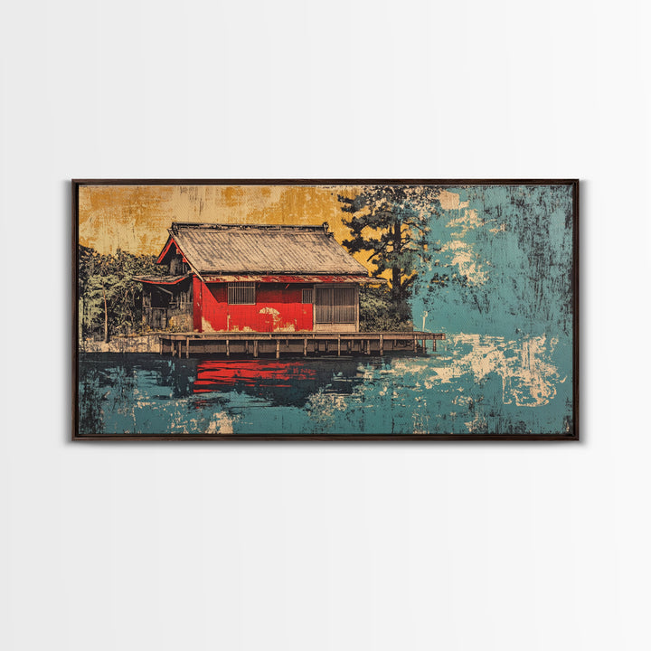 Red Lakeside Japanese House And Reflection Wall Art, Tranquil Water Canvas Print, Japandi Decor, Asian Inspired Living Room Art