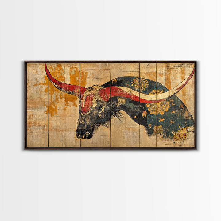 Longhorn Bull Horns Wall Art, Rustic Western Canvas Print, Southwestern Ranch Decor, Masculine Living Room Statement Art