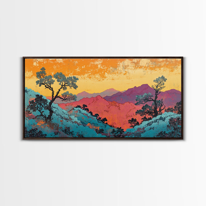 Teal And Purple Mountain Sunset Wall Art, Colorful Landscape Canvas, Southwestern Decor, Large Living Room Art Print, Housewarming Gift