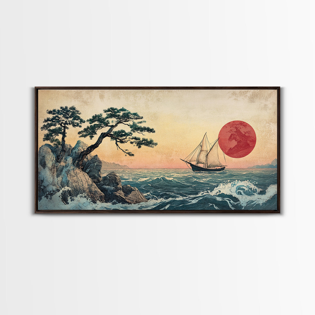 Japanese Sailboat And Red Sun Canvas Print, Coastal Wall Art, Ukiyo E Style Ocean Decor, Asian Inspired Art, Home Decor, Travel Poster