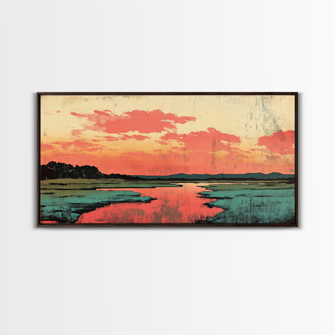 Coral Sunset Marsh Landscape Wall Art, Abstract Landscape Print, Teal Living Room Decor, Modern Coastal Home Decor, Large Wall Art