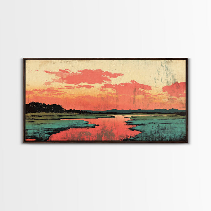 Coral Sunset Marsh Landscape Wall Art, Abstract Landscape Print, Teal Living Room Decor, Modern Coastal Home Decor, Large Wall Art