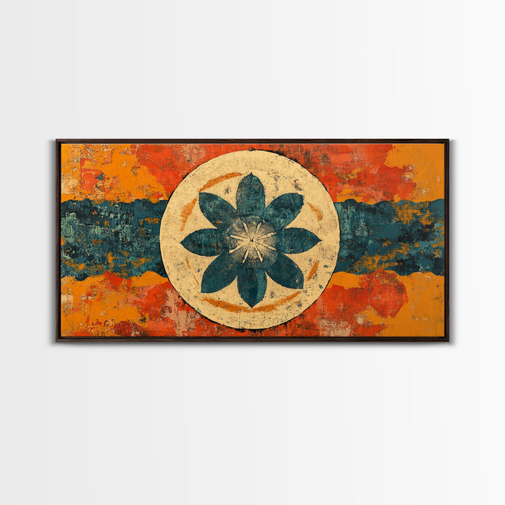 Teal Lotus Flower Circle Wall Art, Retro Abstract Canvas Print, Mid Century Modern Decor, Orange Blue Zen Home Decor, Statement Artwork