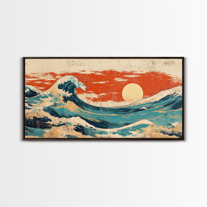 Japanese Great Wave Canvas Print, Red Sunset Ocean Wall Art, Ukiyo E Inspired Seascape, Coastal Living Room Decor, Home Decor