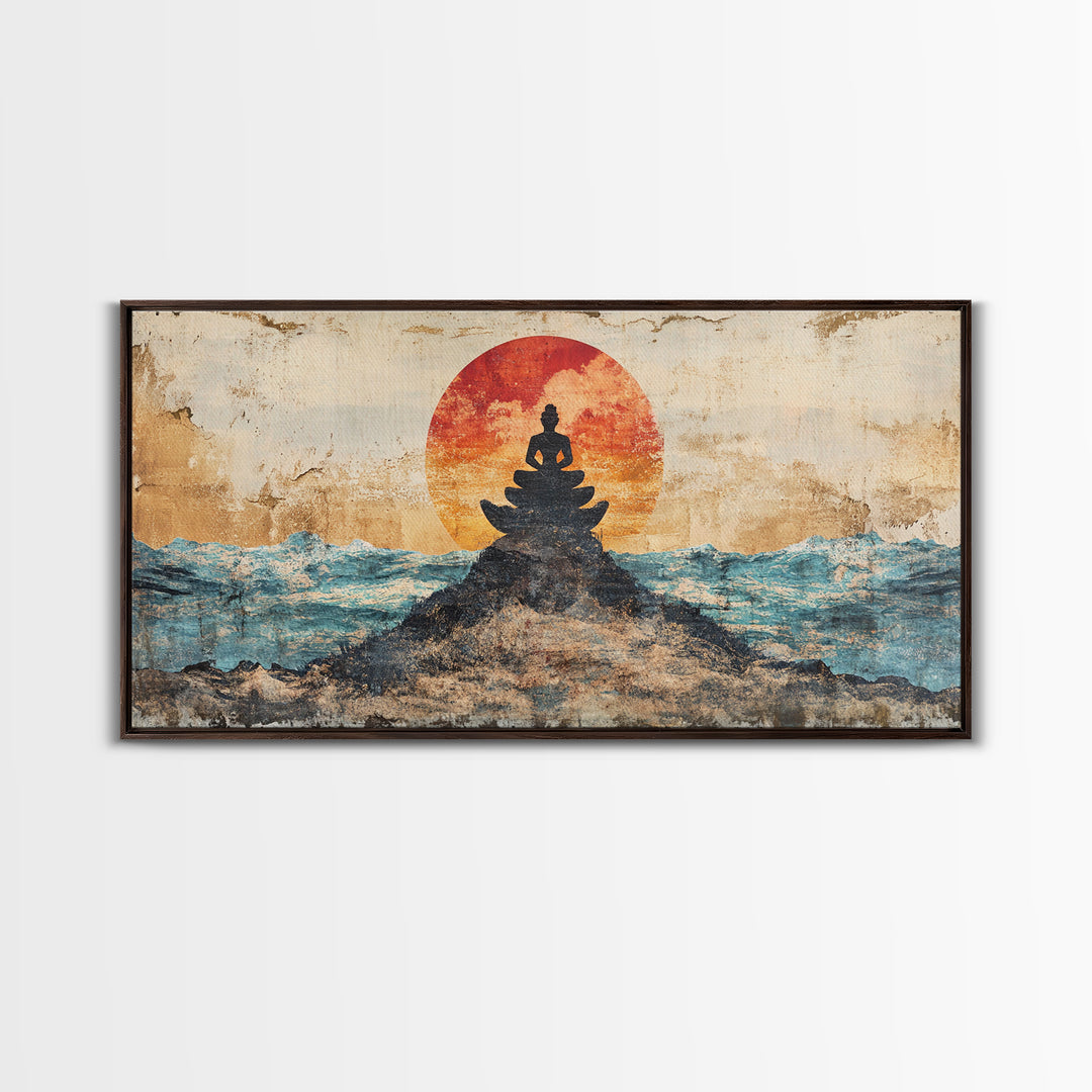 Buddha Meditation On Ocean Rocks Wall Art, Zen Canvas Print, Spiritual Decor, Mindfulness Art, Yoga Room Wall Decor, Calming Wall Art