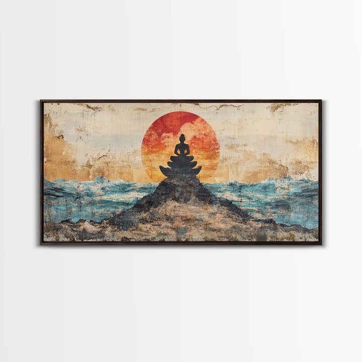 Buddha Meditation On Ocean Rocks Wall Art, Zen Canvas Print, Spiritual Decor, Mindfulness Art, Yoga Room Wall Decor, Calming Wall Art