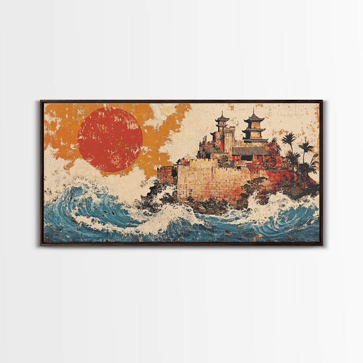 Asian Coastal Castle With Red Sun Canvas Print, Japanese Wall Art, Ocean Waves, Travel Poster, Statement Home Decor, Large Wall Art