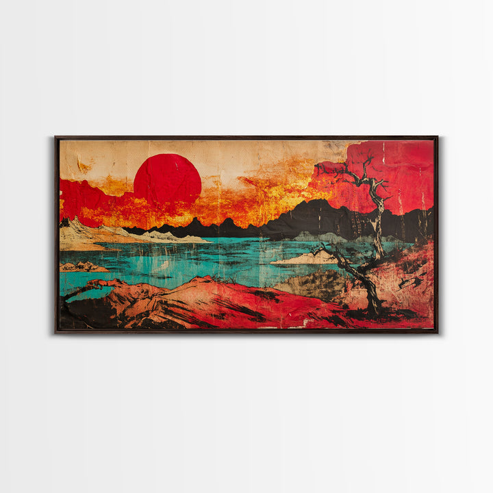 Red Sun Mountain Lake Wall Art, Japanese Sunset Landscape Canvas Print, Bold Desert Decor, Modern Living Room Statement Art