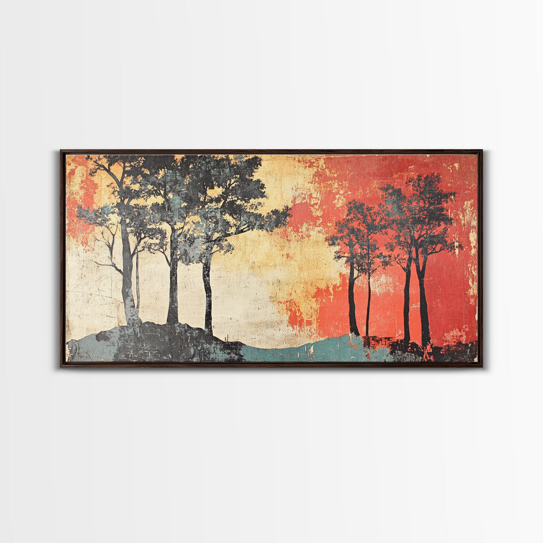 Silhouette Trees With Red Sky Wall Art, Abstract Landscape Canvas Print, Modern Rustic Decor, Wide Horizontal Wall Art Print