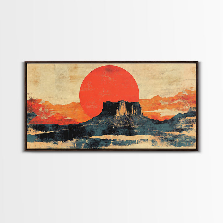 Desert Mesa Red Sun Wall Art, Southwestern Landscape Canvas Print, Modern Western Decor, Large Horizontal Living Room Art
