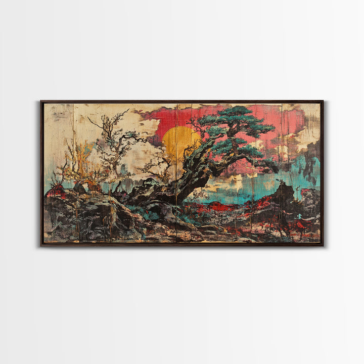 Ancient Pine Tree Sunset Over Misty Rocks Wall Art, Japanese Landscape Print, Zen Nature Decor For Calm Living Room Decor, Home Decor