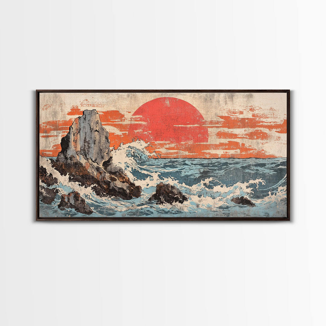 Rocky Ocean Cliffs With Red Sun And Crashing Waves Canvas Print, Japanese Coastal Wall Decor, Large Seascape Art, Living Room Wall Art