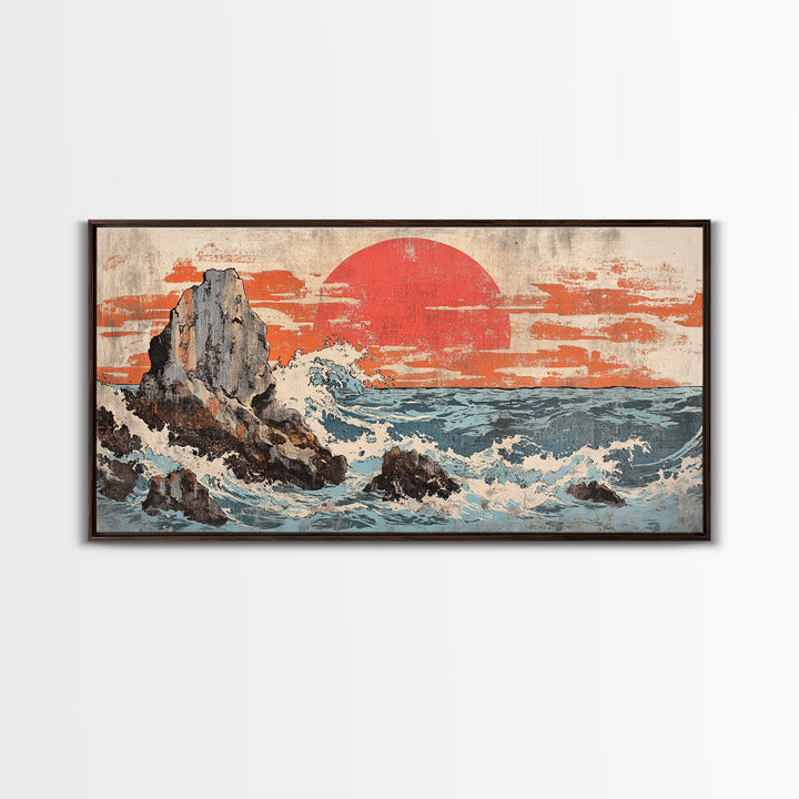 Rocky Ocean Cliffs With Red Sun And Crashing Waves Canvas Print, Japanese Coastal Wall Decor, Large Seascape Art, Living Room Wall Art