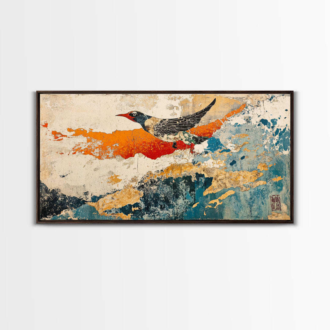 Black And White Bird In Orange Blue Abstract Sky Wall Art, Japanese Nature Print, Whimsical Animal Decor For Home Decor