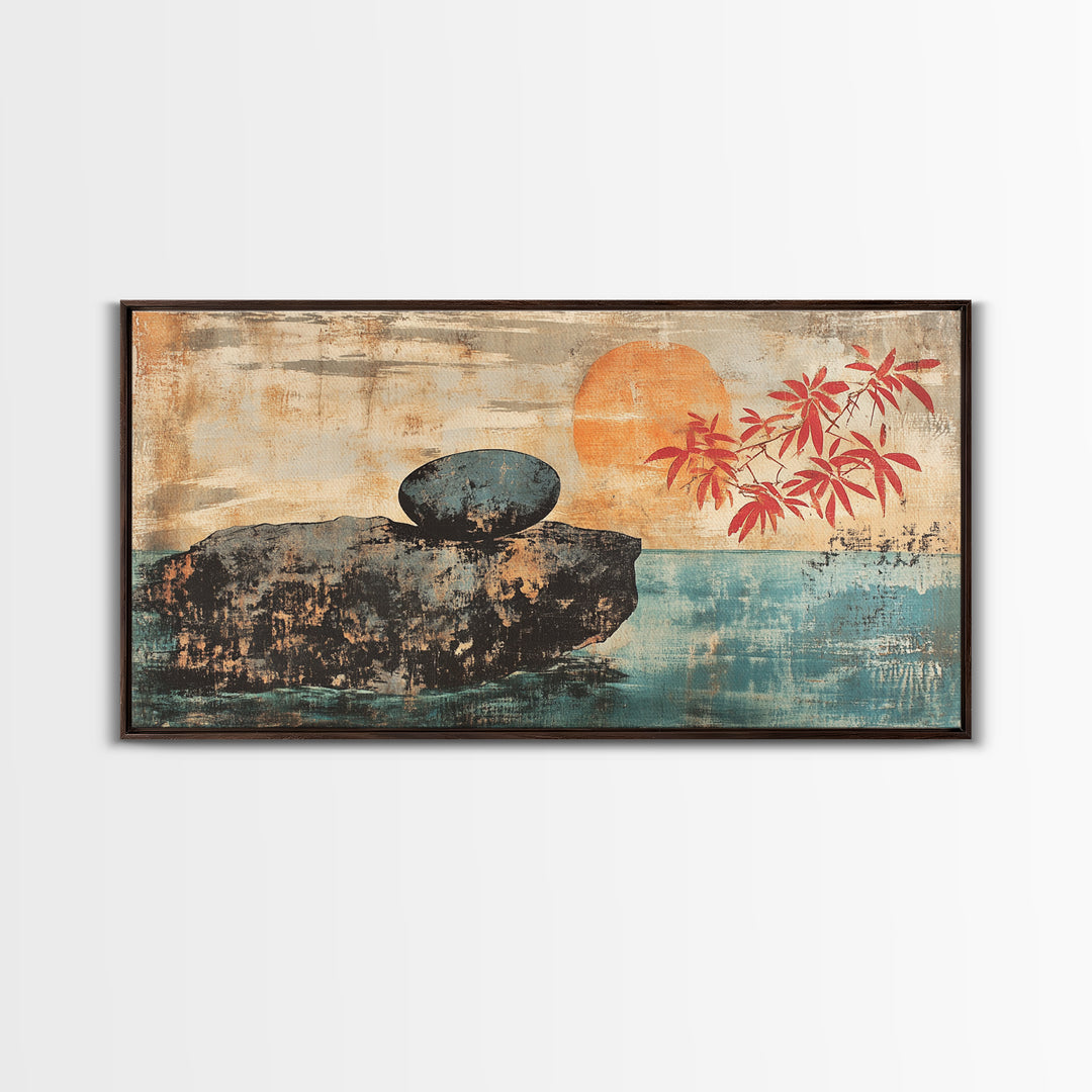 Zen Stone On Sea Cliff At Sunset Canvas Print, Japanese Minimalist Wall Art, Calm Coastal Decor, Spa Home Decor, Living Room Art