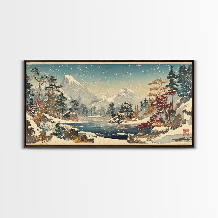 Snowy Mountain Lake With Pines And Falling Snow Wall Art, Winter Landscape Print, Japanese Nature Decor For Cabin Home Decor