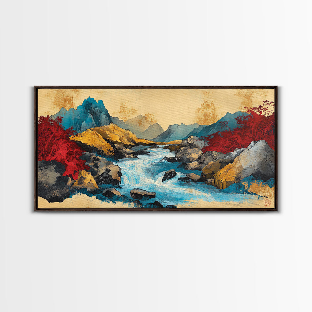 Turquoise Mountain River And Red Autumn Trees Wall Art, Panoramic Landscape Canvas, Modern Nature Decor, Living Room Print