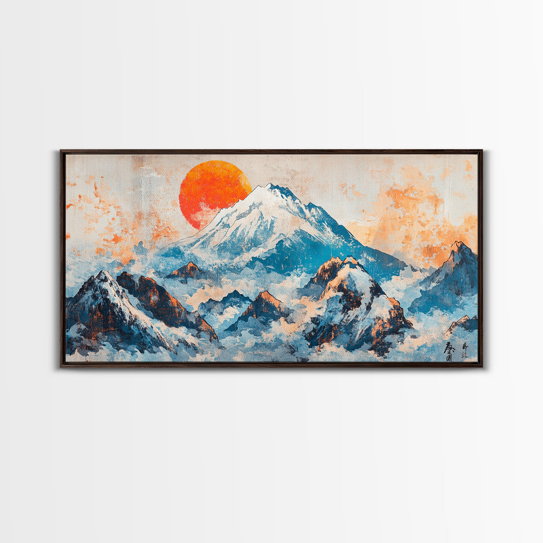 Snowy Blue Mountains And Rising Orange Sun Framed Canvas Print, Japanese Landscape Wall Art, Large Modern Living Room Decor