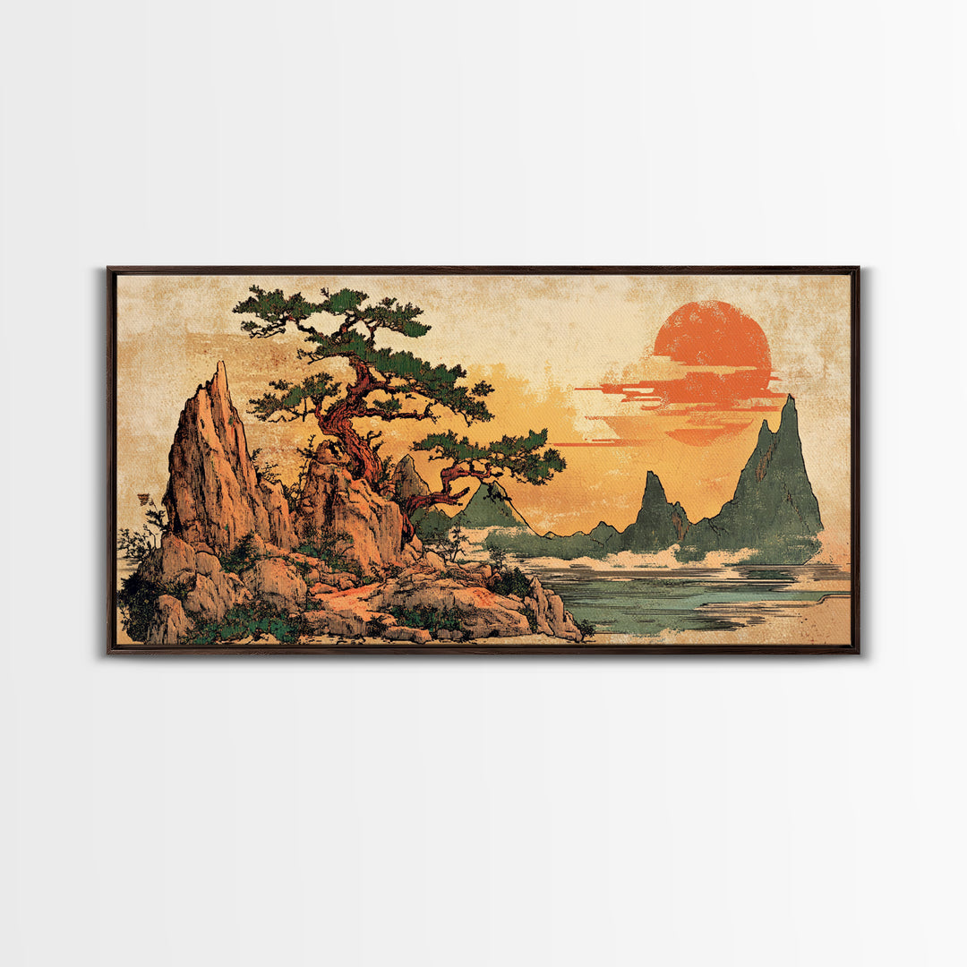 Twisted Pine On Rocky Coast At Sunset Canvas Print, Japanese Landscape Wall Art, Modern Coastal Japandi Living Room Decor