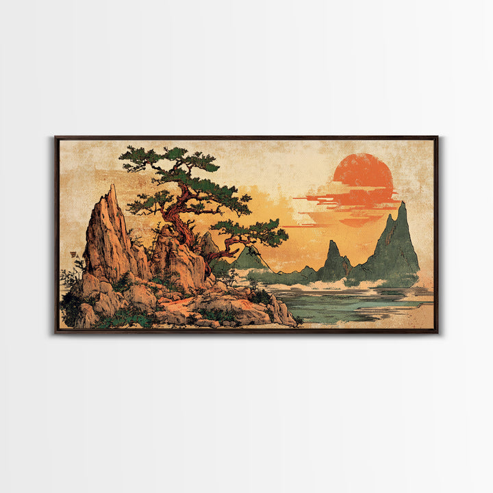 Twisted Pine On Rocky Coast At Sunset Canvas Print, Japanese Landscape Wall Art, Modern Coastal Japandi Living Room Decor