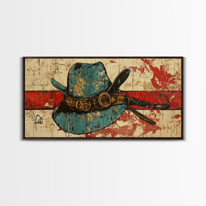 Turquoise Cowboy Hat And Lasso On Rustic Wood Wall Art, Western Canvas Print, Ranch Living Room Decor, Gift For Horse Lover