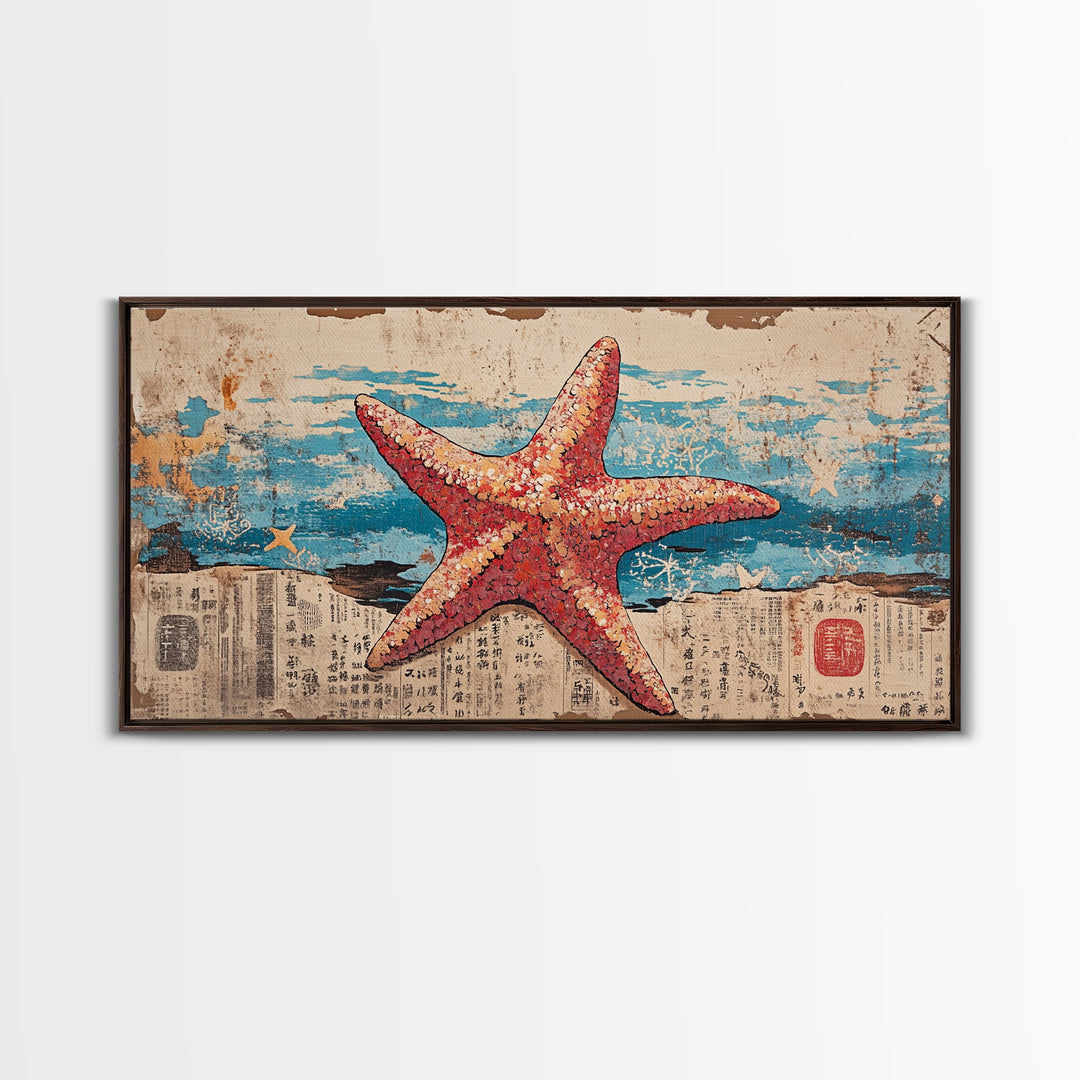 Pink Starfish On Weathered Ocean Pages Wall Art, Coastal Canvas Print, Beach House Living Room Decor, Nautical Bathroom Art